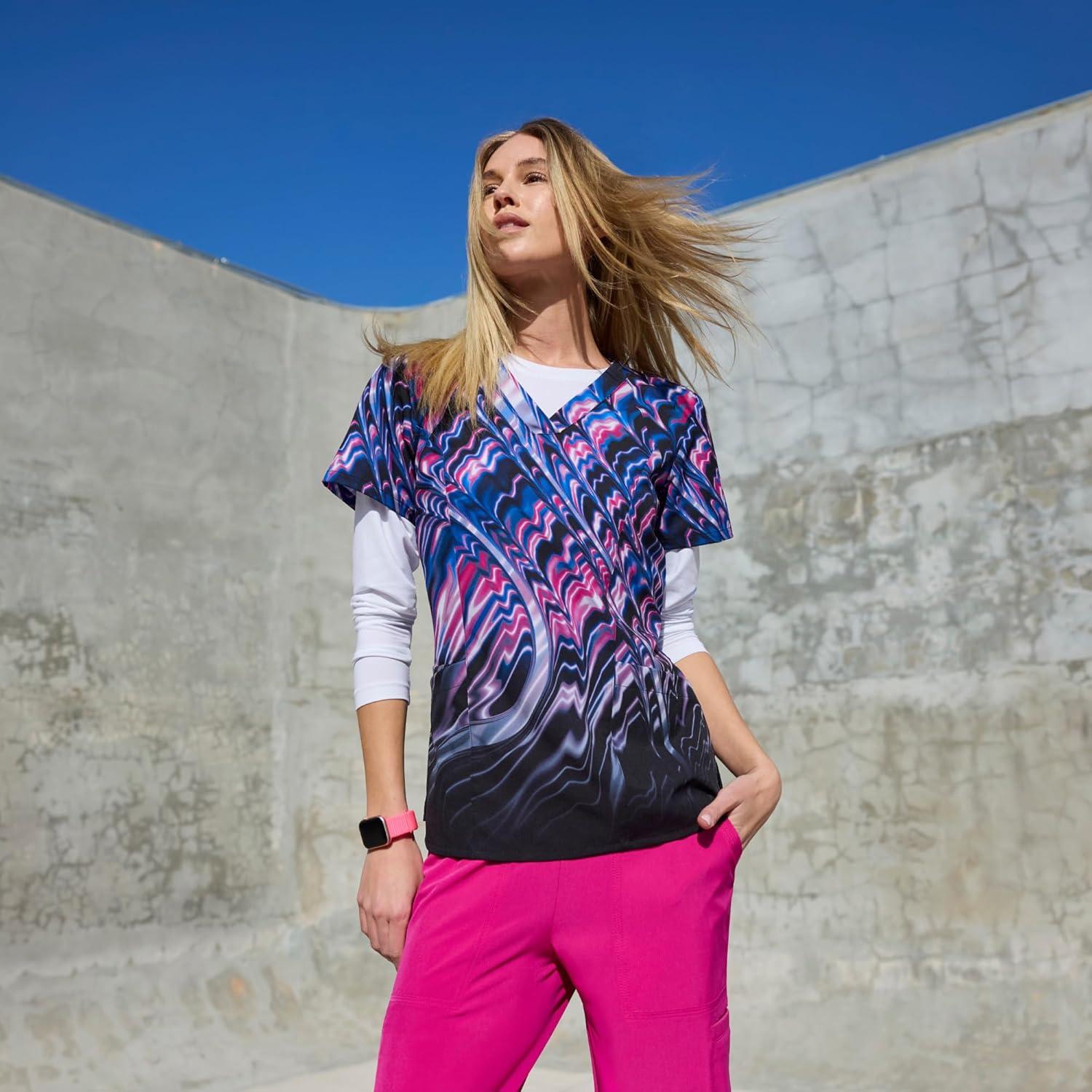 imageBARCO One Printed Scrub Top for Women 4Pocket MoistureWicking VNeck Shirt with 360 Spandex StretchPink Luminescene
