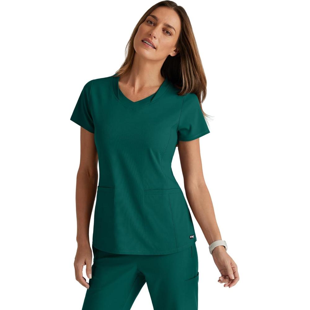 imageBARCO Greys Anatomy Spandex Stretch Direct  Bolt Scrub Top for Women VNeck Womens Scrub TopHunter Green
