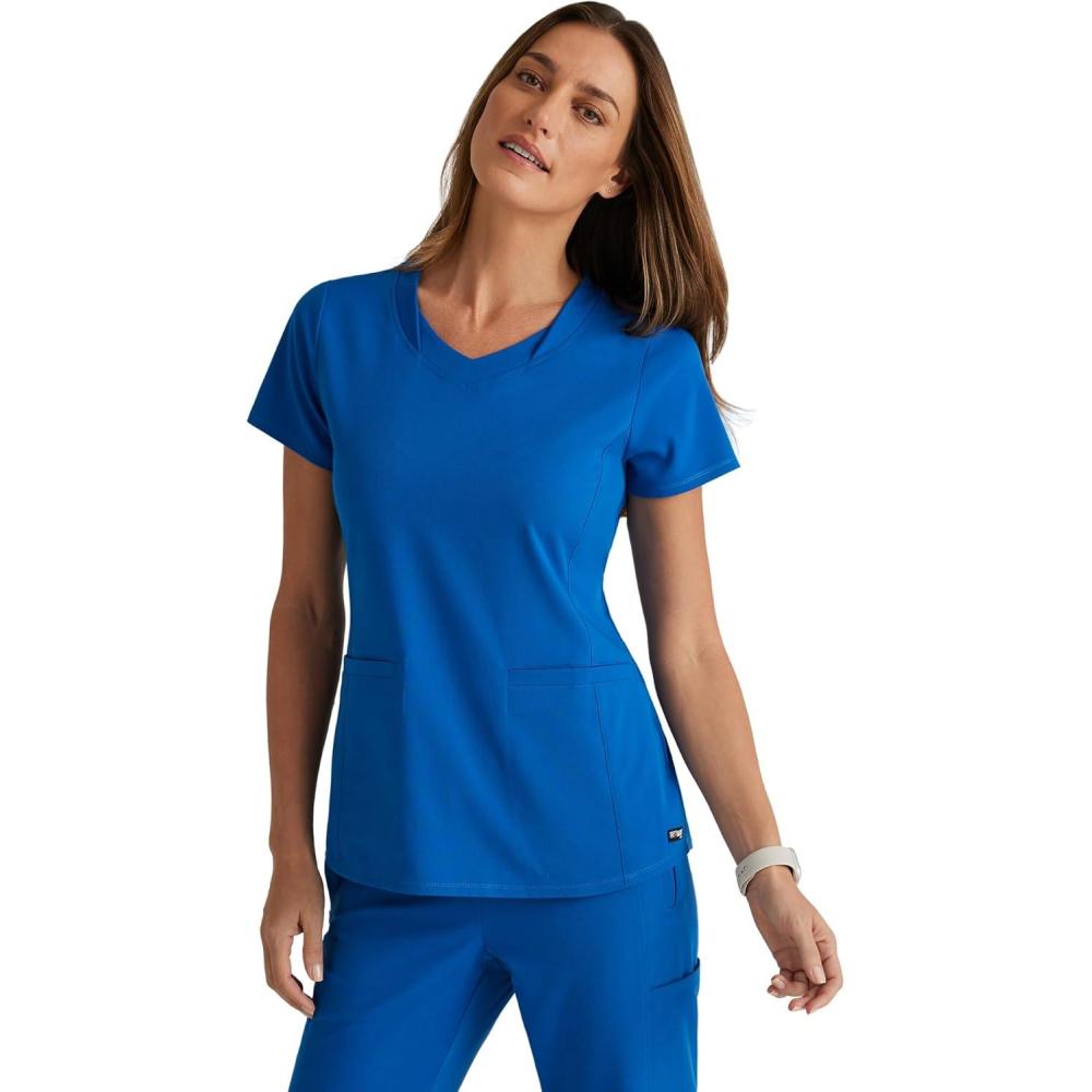 imageBARCO Greys Anatomy Spandex Stretch Direct  Bolt Scrub Top for Women VNeck Womens Scrub TopNew Royal