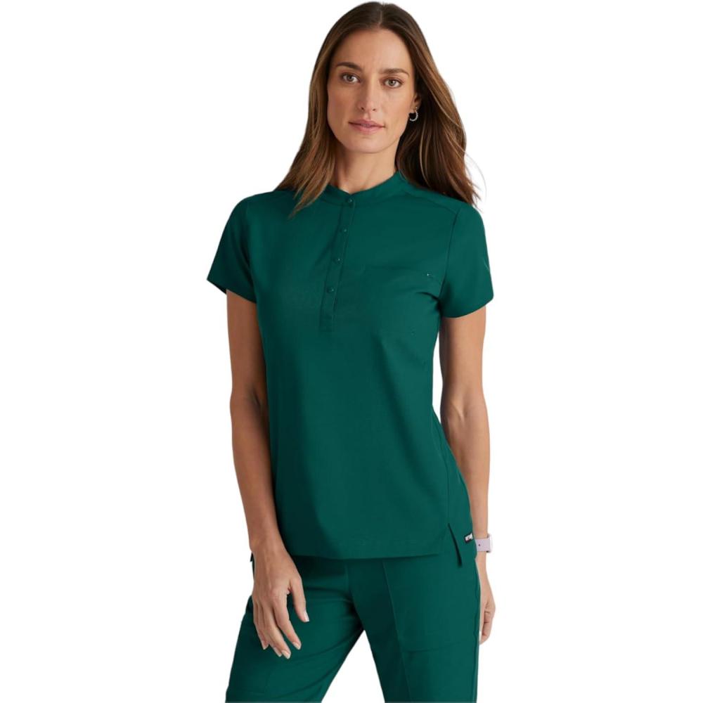 imageBARCO Greys Anatomy Spandex Stretch Direct  Rush Scrub Top for Women Snap Collar Womens Scrub TopHunter Green