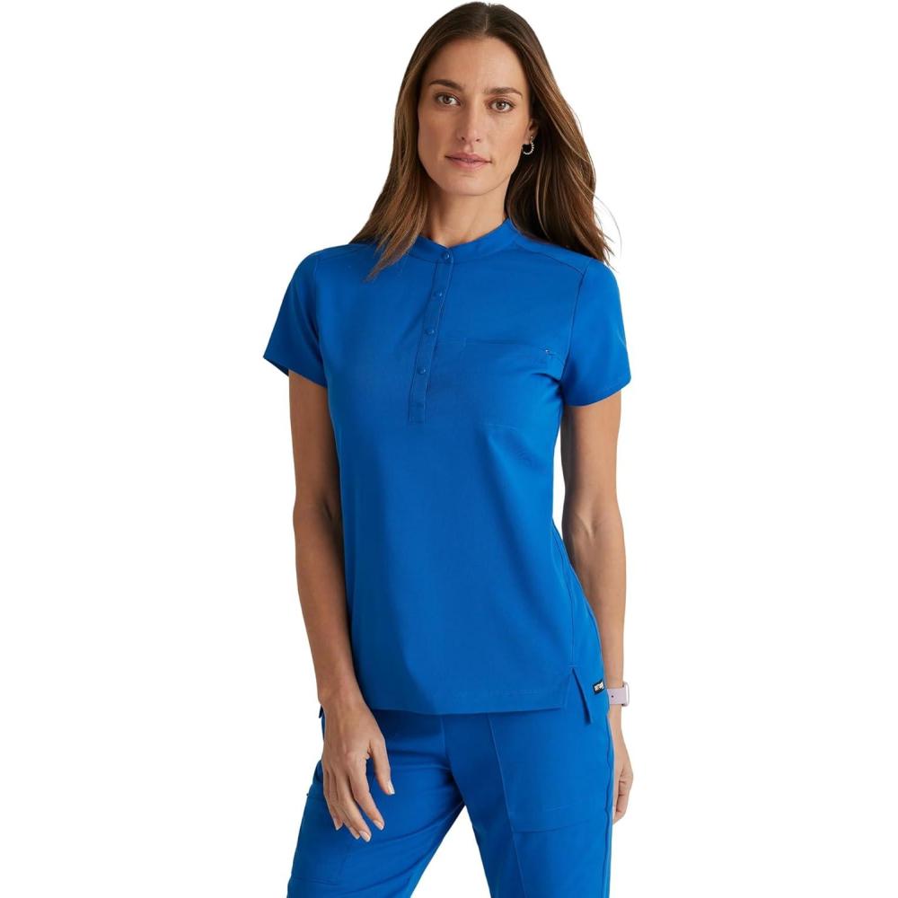 imageBARCO Greys Anatomy Spandex Stretch Direct  Rush Scrub Top for Women Snap Collar Womens Scrub TopNew Royal