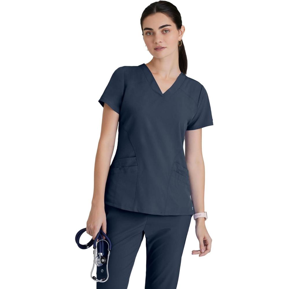 imageBARCO ONE Womens Pulse Scrub Top Sporty VNeck Medical Top w 4Way Stretch amp 5 PocketsSteel