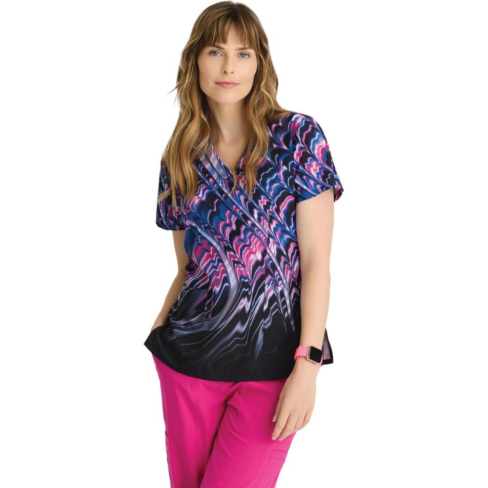 imageBARCO One Printed Scrub Top for Women  4Pocket MoistureWicking VNeck Shirt with 360 Spandex StretchPink Luminescene