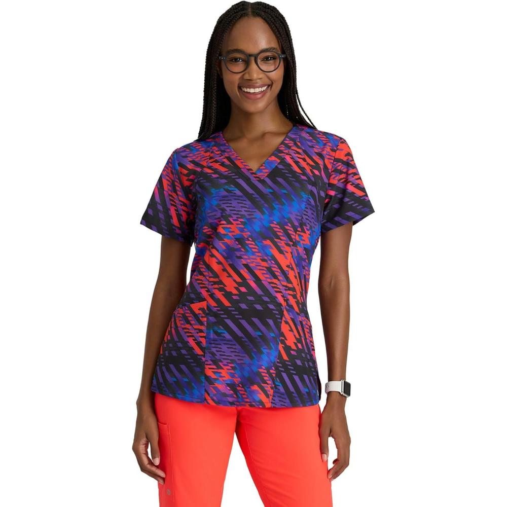 imageBARCO One Printed Scrub Top for Women  4Pocket MoistureWicking VNeck Shirt with 360 Spandex StretchRadiant Prism
