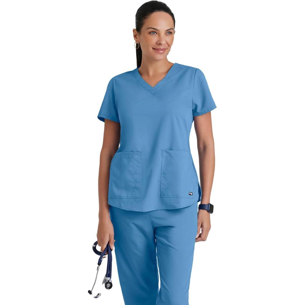 imageGreys Anatomy Womens Two Pocket VNeck Scrub Top with Shirring BackCiel Blue