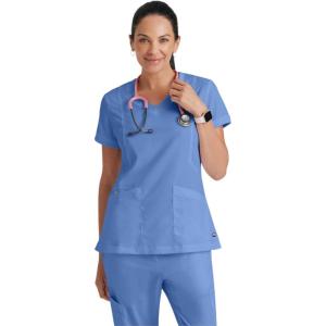 BARCO Grey’s Anatomy Scrubs – Kira Scrub Top for Women, V-Neck, Love Printed Zip Pocket Super-Soft Women’s Scrub Top(Ciel Blue)