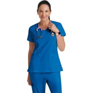 BARCO Grey’s Anatomy Scrubs – Kira Scrub Top for Women, V-Neck, Love Printed Zip Pocket Super-Soft Women’s Scrub Top(New Royal)