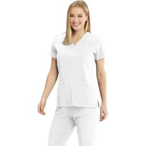 BARCO ONE Women’s Pulse Scrub Top, Sporty V-Neck Medical Top w/ 4-Way Stretch & 5 Pockets(White)