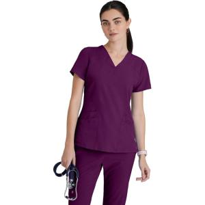 BARCO ONE Women’s Pulse Scrub Top, Sporty V-Neck Medical Top w/ 4-Way Stretch & 5 Pockets(Wine)