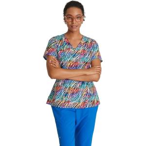 BARCO One Printed Scrub Top for Women – 4-Pocket, Moisture-Wicking V-Neck Shirt with 360 Spandex Stretch(Electric Zebra)
