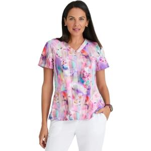 BARCO One Printed Scrub Top for Women – 4-Pocket, Moisture-Wicking V-Neck Shirt with 360 Spandex Stretch(Floral Blooms)