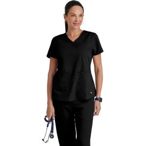 Grey’s Anatomy Women’s Two Pocket V-Neck Scrub Top with Shirring Back(Black)