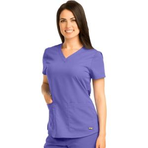 Grey’s Anatomy Women’s Two Pocket V-Neck Scrub Top with Shirring Back(Passion Purple)