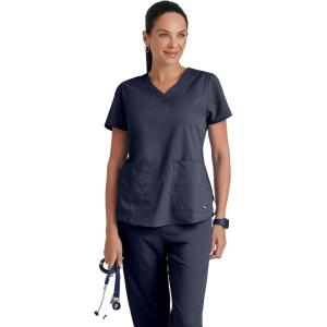 Grey’s Anatomy Women’s Two Pocket V-Neck Scrub Top with Shirring Back(Steel)