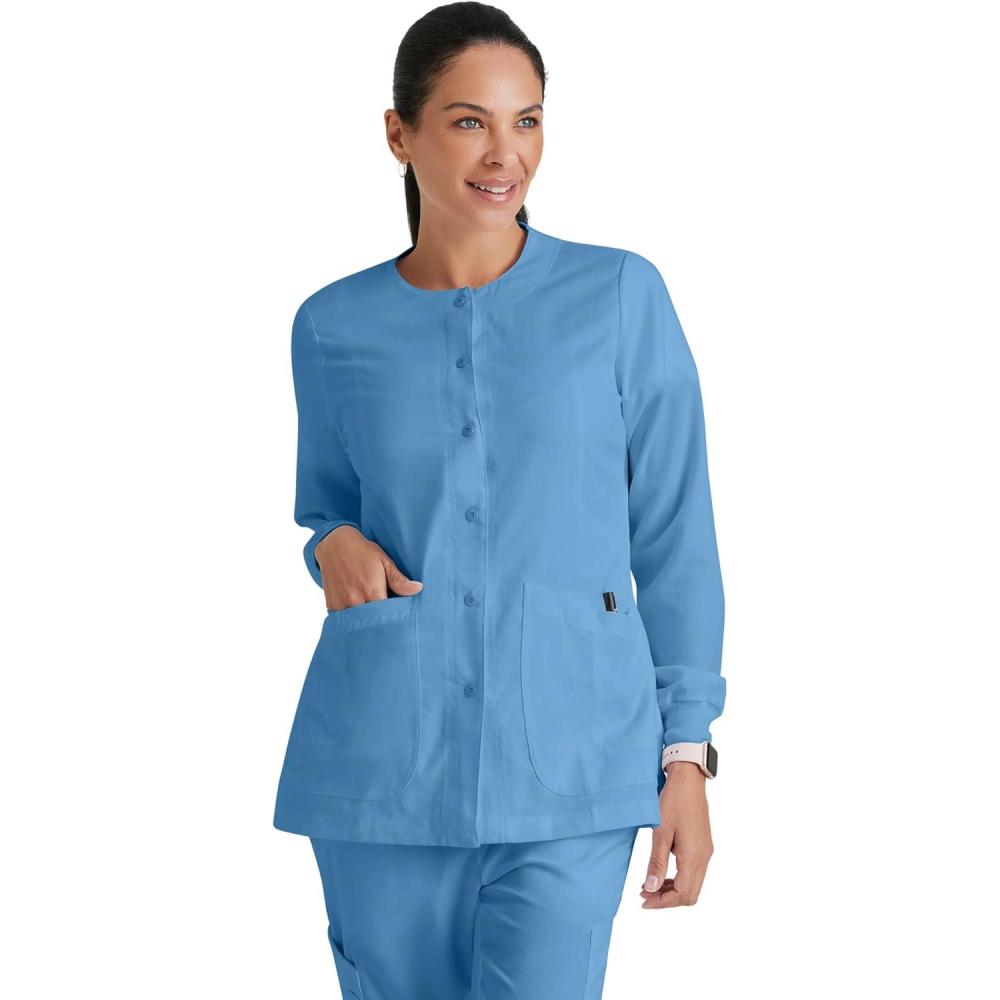 imageBARCO Greys Anatomy Scrubs  Jamie WarmUp Jacket for Women Fitted Back with Belt Inset SuperSoft Womens Scrub JacketCiel Blue