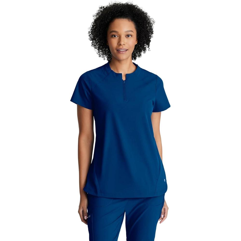 imageBARCO One Flux Classic Fit Zip Collar Scrub Top for Women  2Pocket Banded Zip Collar Scrub Shirt with 360 Spandex StretchIndigo