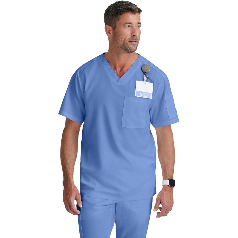 imageGreys Anatomy Mens GRT091 Evan Top 2 Pocket VNeck Scrub TopCiel Blue