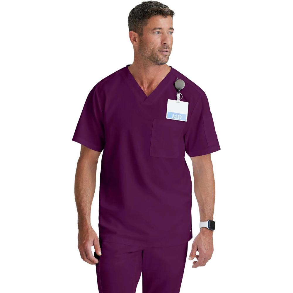 imageGreys Anatomy Mens GRT091 Evan Top 2 Pocket VNeck Scrub TopWine