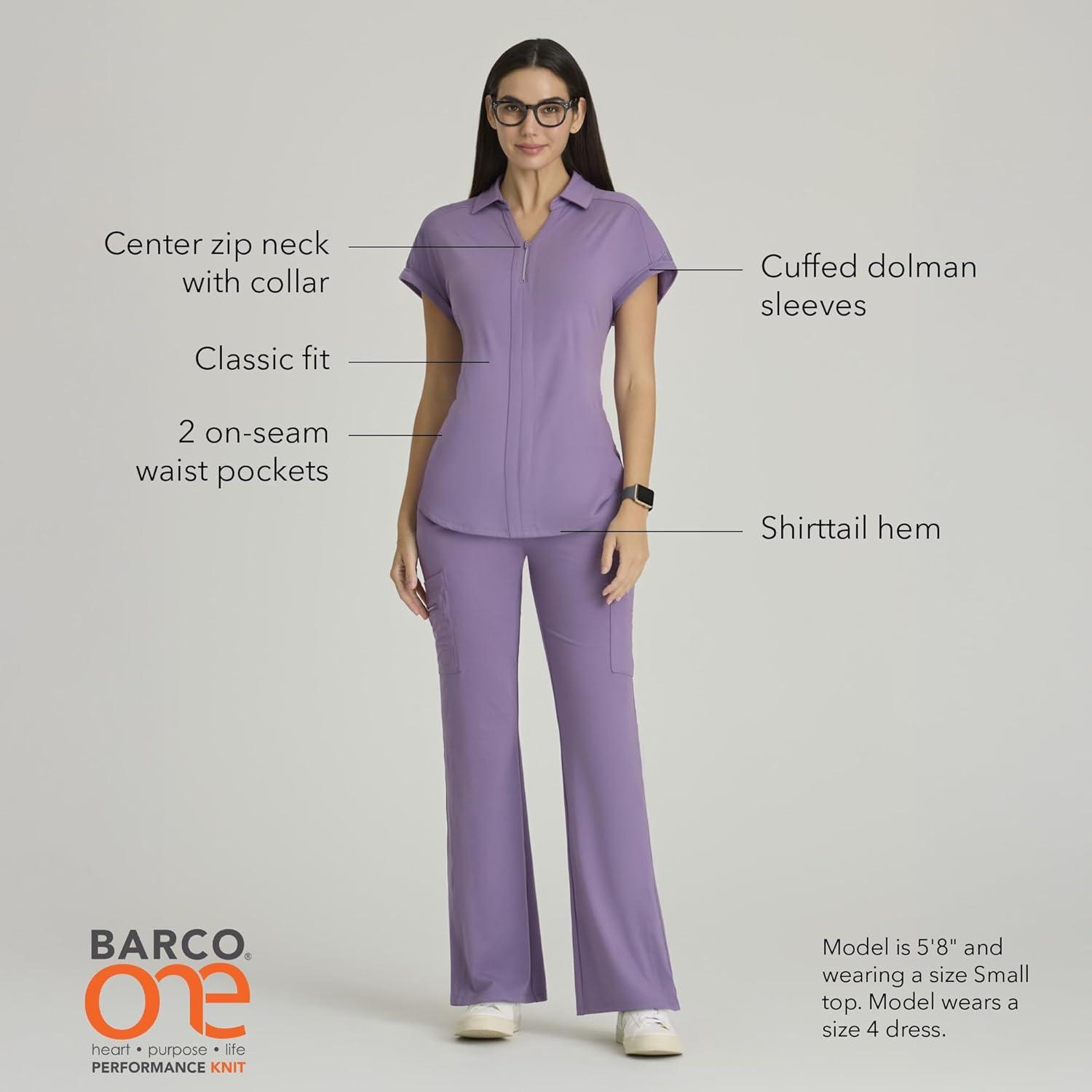 imageBARCO One Performance Knit Engage Classic Fit Scrub Top for Women 2Pocket Zip Neck Collar Shirt with 360 Spandex StretchDusty Lavender