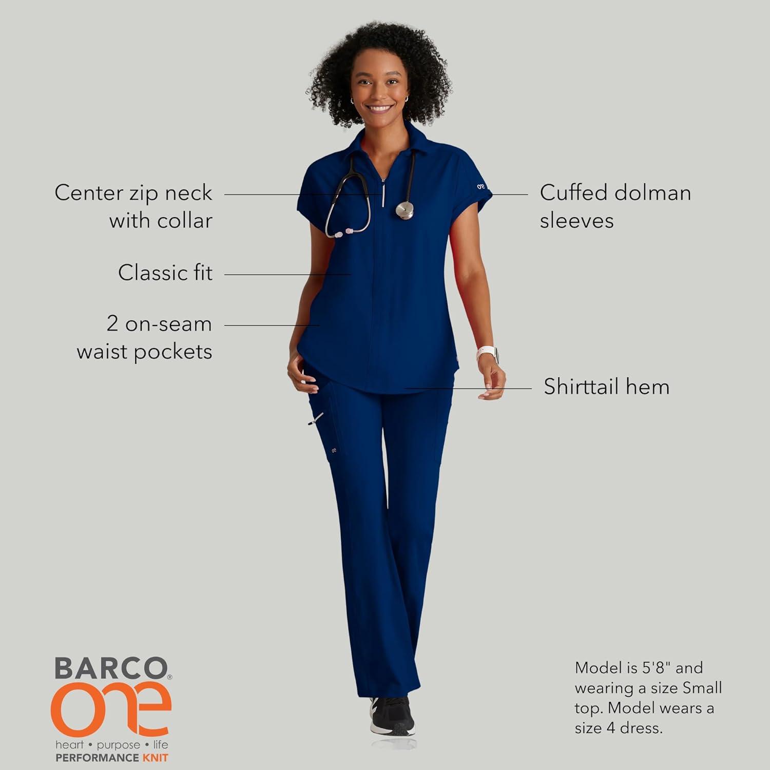 imageBARCO One Performance Knit Engage Classic Fit Scrub Top for Women 2Pocket Zip Neck Collar Shirt with 360 Spandex StretchIndigo