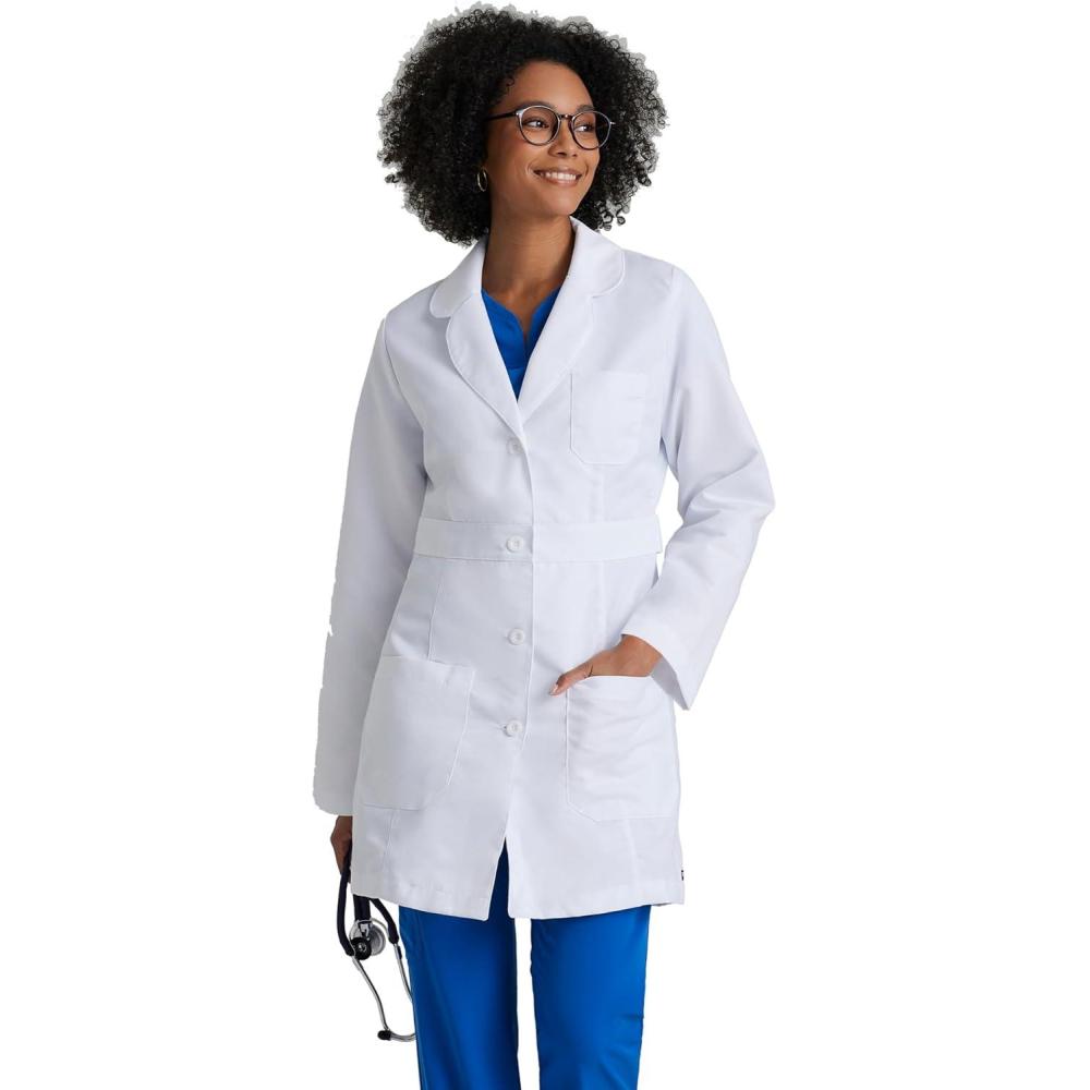 imageBARCO Greys Anatomy Scrubs Lily Professional FullLength 3Button Long Sleeve 34 Medical Lab Coat for WomenWhite