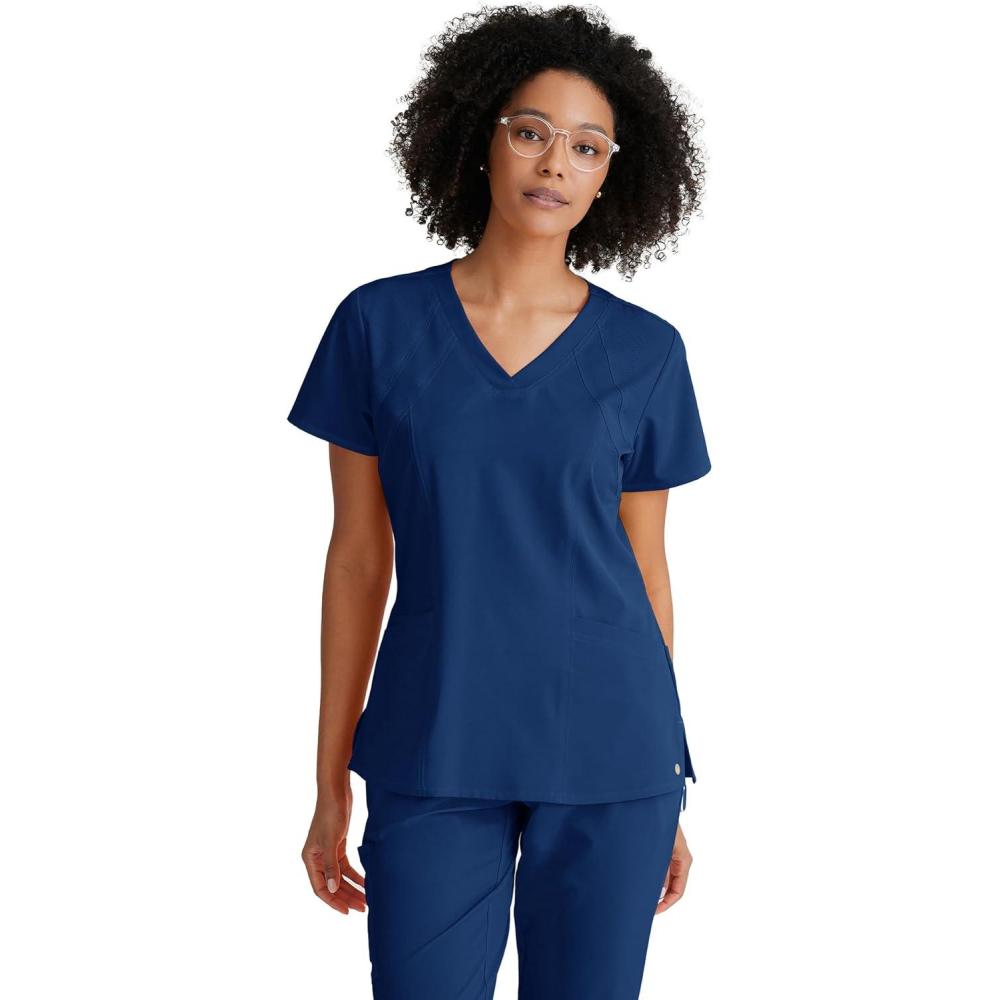 imageBARCO ONE  Womens Racer Top VNeck Medical Scrub Top w 4 Pockets and 360 Spandex Stretch FabricIndigo Navy