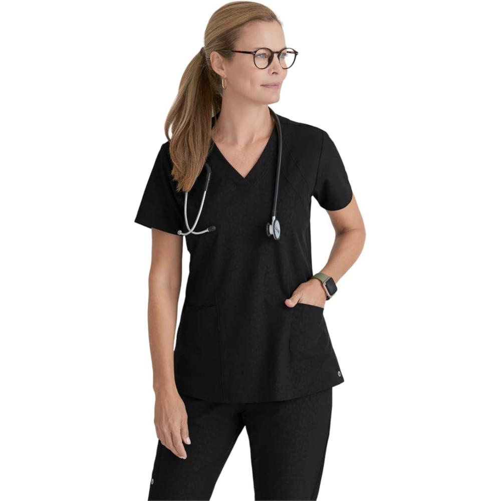 imageBARCO ONE  Womens Racer Top VNeck Medical Scrub Top w 4 Pockets and 360 Spandex Stretch FabricMystic Cheetah Black
