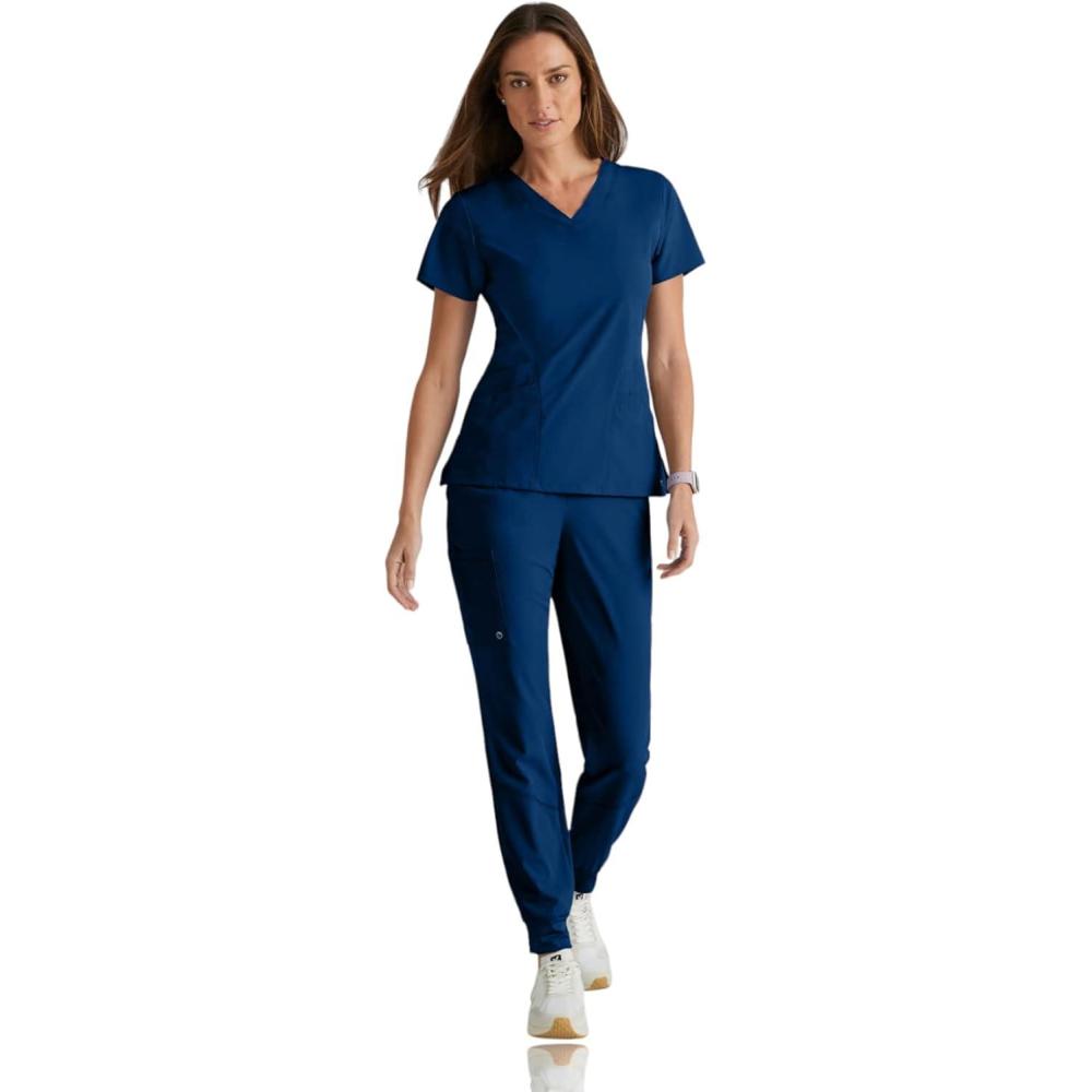 imageBARCO One Boost Scrub Set for Women  Sporty VNeck Top EcoFriendly Fabric 4Way Stretch Womens Jogger Scrub SetIndigo Navy