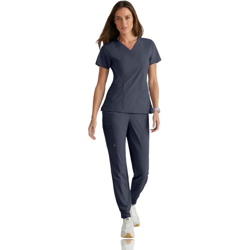 imageBARCO One Boost Scrub Set for Women  Sporty VNeck Top EcoFriendly Fabric 4Way Stretch Womens Jogger Scrub SetSteel