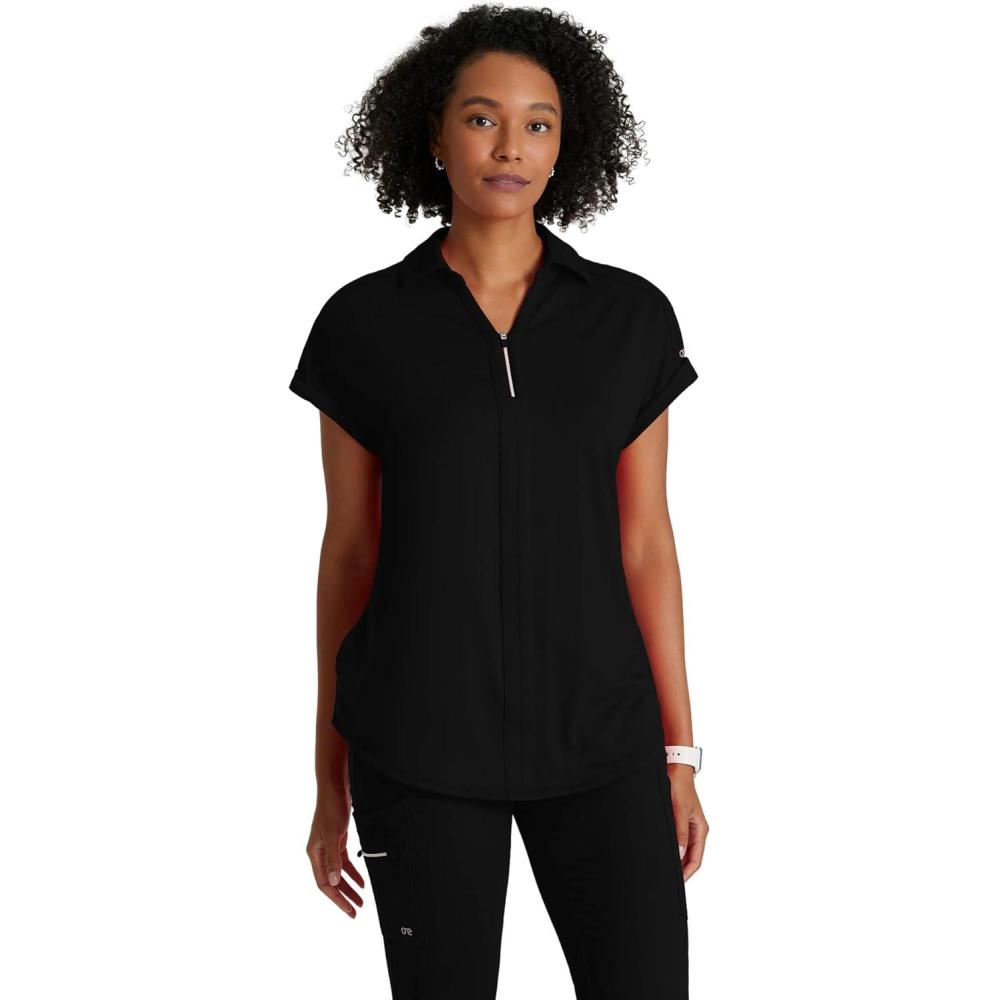 imageBARCO One Performance Knit Engage Classic Fit Scrub Top for Women  2Pocket Zip Neck Collar Shirt with 360 Spandex StretchBlack