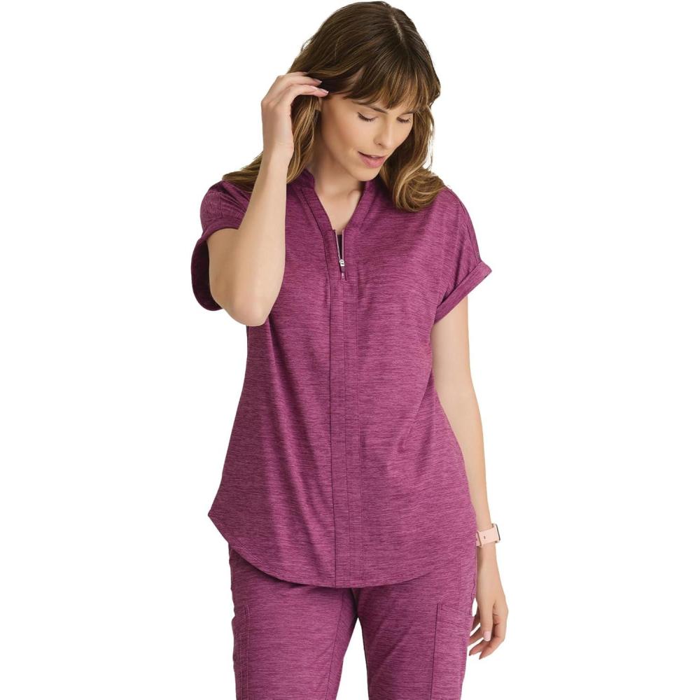 imageBARCO One Performance Knit Engage Classic Fit Scrub Top for Women  2Pocket Zip Neck Collar Shirt with 360 Spandex StretchDark Mauve Heather