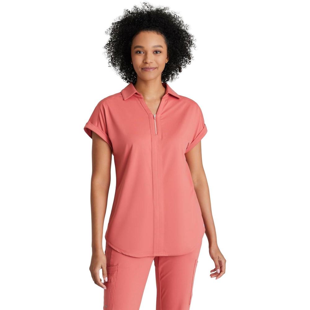 imageBARCO One Performance Knit Engage Classic Fit Scrub Top for Women  2Pocket Zip Neck Collar Shirt with 360 Spandex StretchGinger Rose