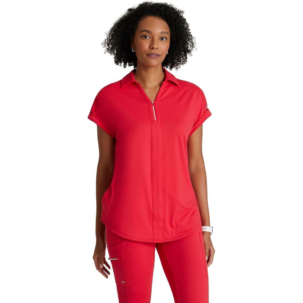 imageBARCO One Performance Knit Engage Classic Fit Scrub Top for Women  2Pocket Zip Neck Collar Shirt with 360 Spandex StretchGrenadine