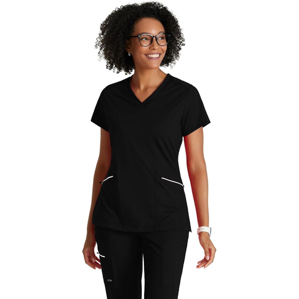 imageBARCO One Performance Knit Victory Classic Fit Scrub Top for Women  2Pocket VNeck Shirt with 360 Spandex StretchBlack