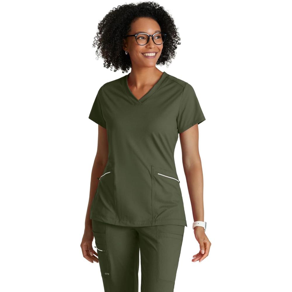 imageBARCO One Performance Knit Victory Classic Fit Scrub Top for Women  2Pocket VNeck Shirt with 360 Spandex StretchOlive