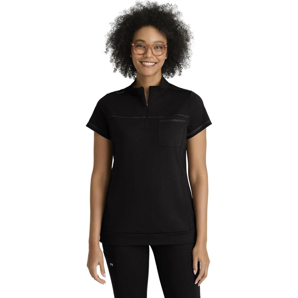 imageBARCO One Performance Knit Vigor Classic Fit Scrub Top for Women  3Pocket Mock Neck Shirt with Moisture Wicking FabricBlack