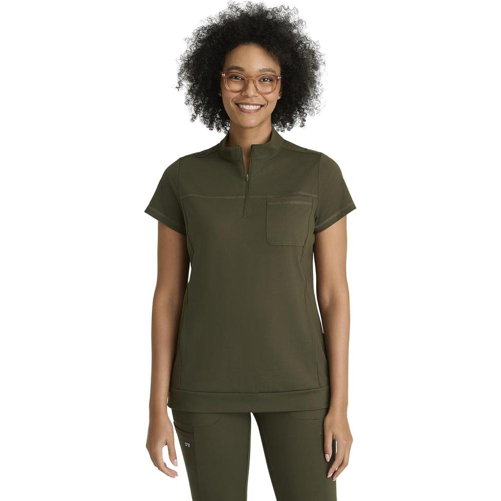 imageBARCO One Performance Knit Vigor Classic Fit Scrub Top for Women  3Pocket Mock Neck Shirt with Moisture Wicking FabricOlive