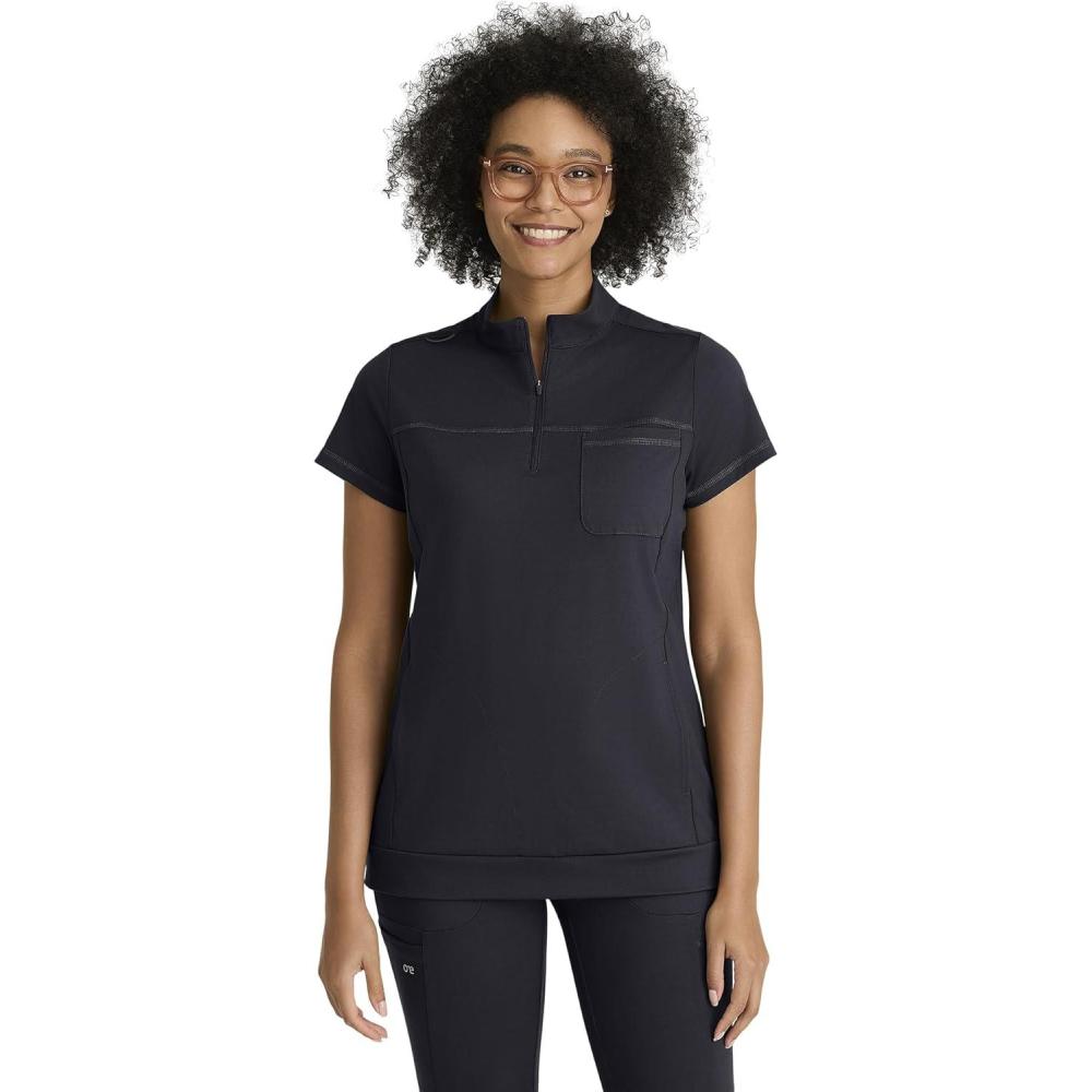 imageBARCO One Performance Knit Vigor Classic Fit Scrub Top for Women  3Pocket Mock Neck Shirt with Moisture Wicking FabricSteel
