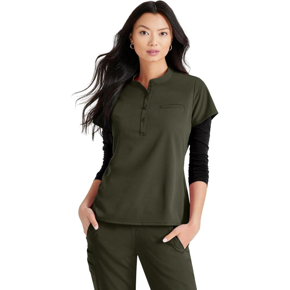 imageBARCO Unify Mission Scrub Top for Women  1Pocket Henley Neckline Top with 360 Spandex Stretch amp Wrinkle Release FabricOlive