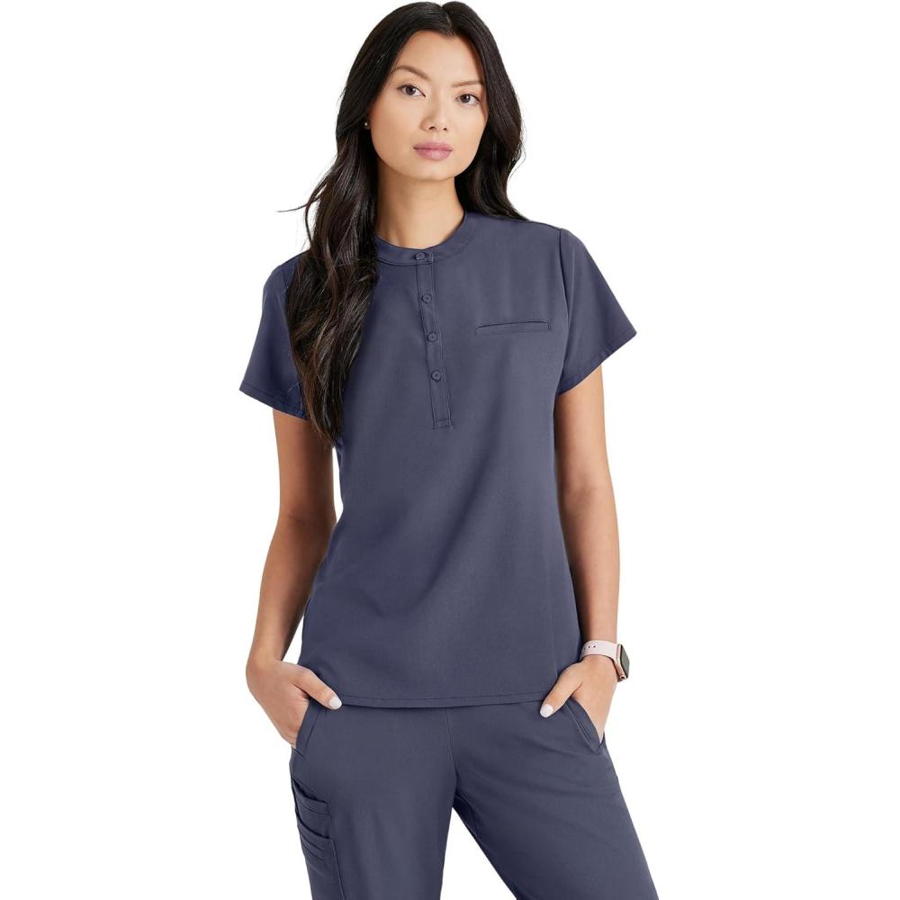 imageBARCO Unify Mission Scrub Top for Women  1Pocket Henley Neckline Top with 360 Spandex Stretch amp Wrinkle Release FabricSteel