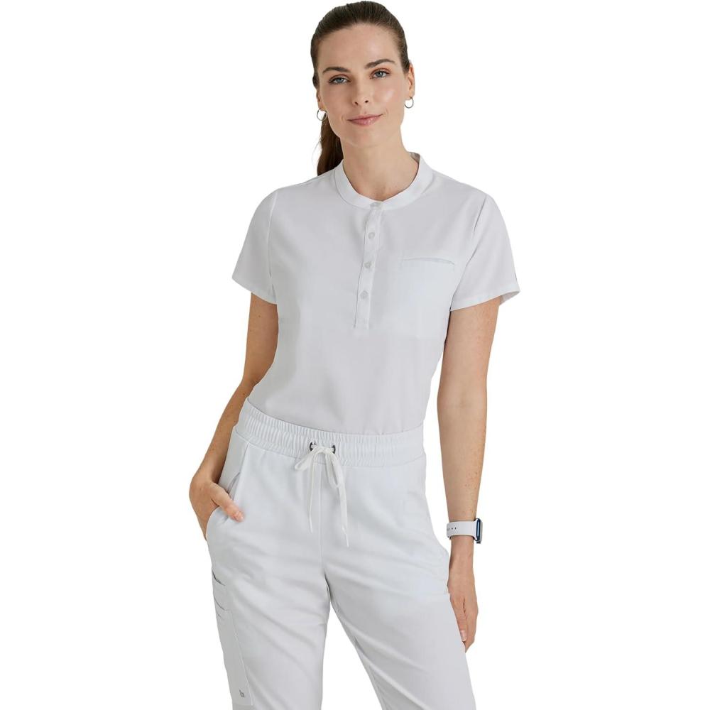 imageBARCO Unify Mission Scrub Top for Women  1Pocket Henley Neckline Top with 360 Spandex Stretch amp Wrinkle Release FabricWhite