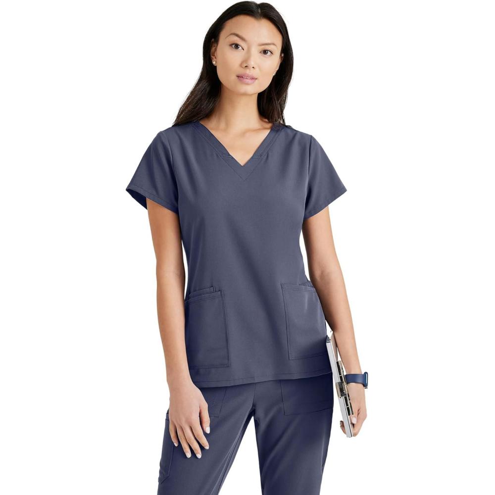 imageBARCO Unify Purpose Scrub Top for Women  4Pocket VNeck Shirt with 360 Spandex Stretch amp Moisture Wicking FabricSteel