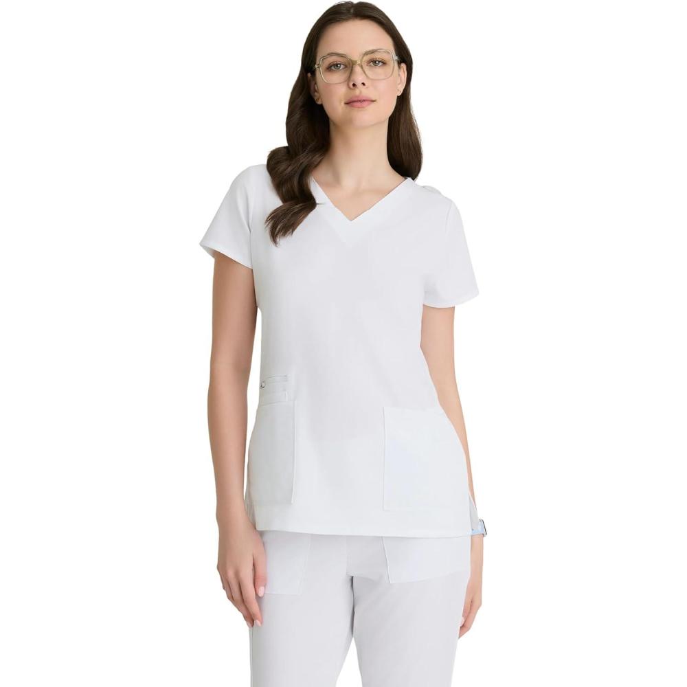 imageBARCO Unify Purpose Scrub Top for Women  4Pocket VNeck Shirt with 360 Spandex Stretch amp Moisture Wicking FabricWhite