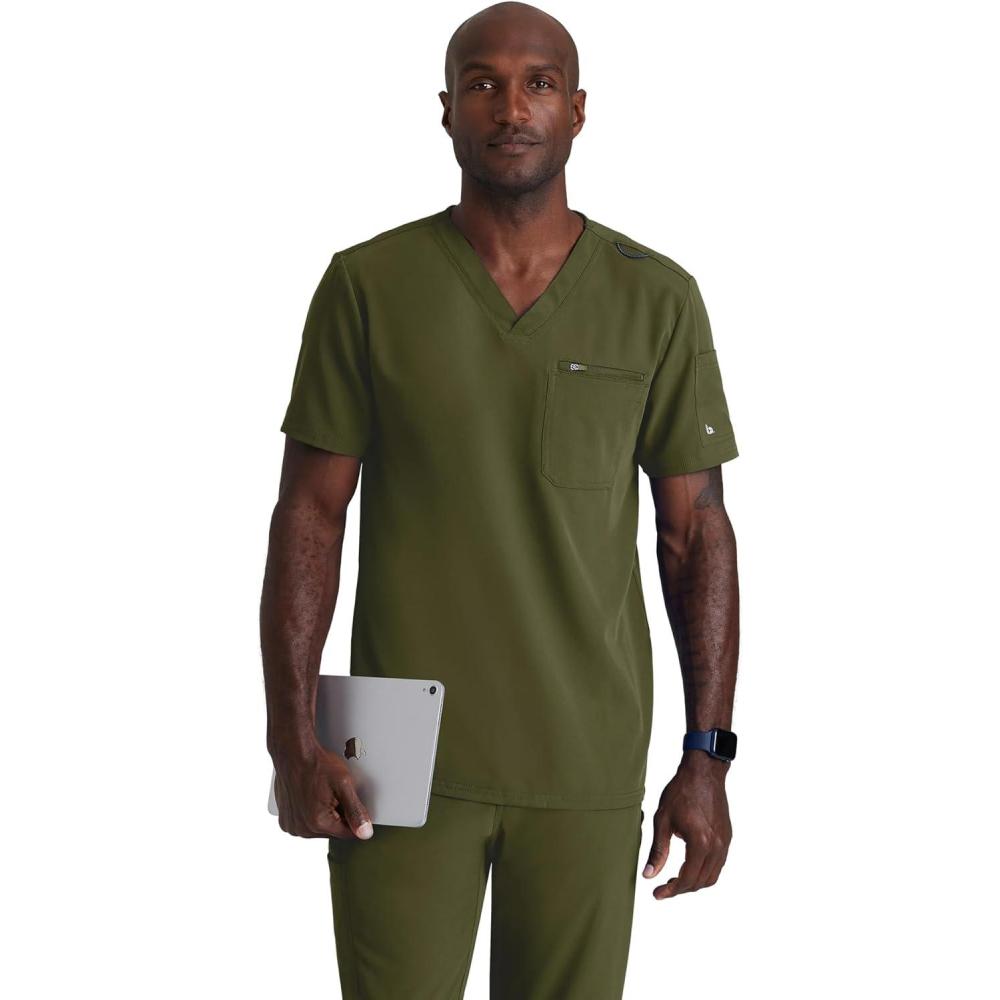 imageBARCO Unify Rally Scrub Top for Men  3Pocket VNeck Shirt with 360 Spandex Stretch amp Soil Release FabricOlive