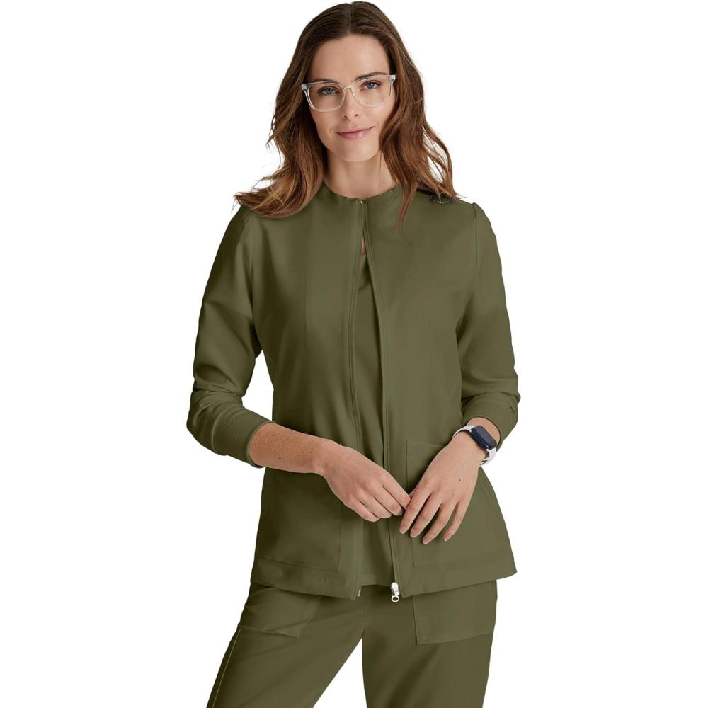 imageBARCO Unify Team WarmUp Scrub Jacket for Women  3Pocket Jacket Top with 360 Spandex Stretch amp Moisture Wicking FabricOlive