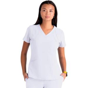 BARCO ONE – Women’s Racer Top, V-Neck Medical Scrub Top w/ 4 Pockets and 360 Spandex Stretch Fabric(White)