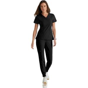 BARCO One Boost Scrub Set for Women – Sporty V-Neck Top, Eco-Friendly Fabric, 4-Way Stretch Women’s Jogger Scrub Set(Black)