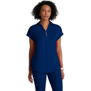 BARCO One Performance Knit Engage Classic Fit Scrub Top for Women – 2-Pocket, Zip Neck Collar Shirt with 360 Spandex Stretch(Indigo)