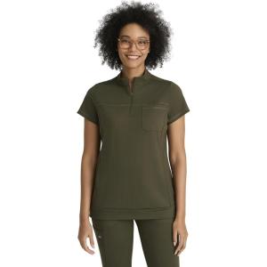BARCO One Performance Knit Vigor Classic Fit Scrub Top for Women – 3-Pocket Mock Neck Shirt with Moisture Wicking Fabric(Olive)