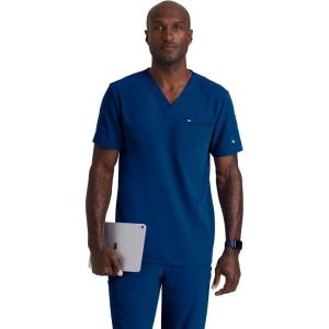 BARCO Unify Rally Scrub Top for Men – 3-Pocket V-Neck Shirt with 360 Spandex Stretch & Soil Release Fabric(Indigo)